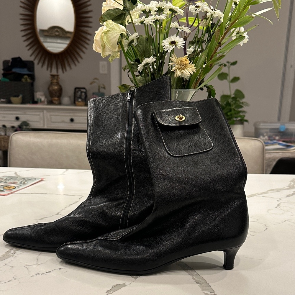 Coach Black Leather Mid-Kit Heel Boots with Flap Pocket